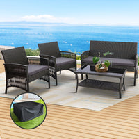 4PCS Outdoor Sofa Set with Storage Cover Wicker Harp Chair Table Grey