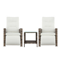 Gardeon 3PC Outdoor Bistro Set Recliner Chairs Table Sun lounge Patio Furniture Wicker Adjustable