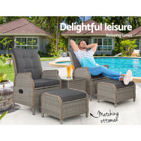 5PC Recliner Chairs Table Sun lounge Wicker Outdoor Furniture Adjustable Grey