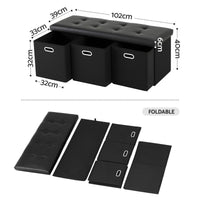 Artiss Storage Ottoman with 3 Cube Drawers Foot Stool Rest Foldable Black