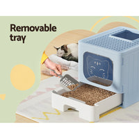 Cat Litter Box Large Tray Kitty Toilet Enclosed Hooded Foldable Cat Litter Box Scoop Blue