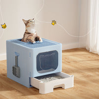 Cat Litter Box Large Tray Kitty Toilet Enclosed Hooded Foldable Cat Litter Box Scoop Blue