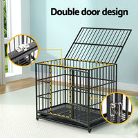 Dog Cage Crate Large Puppy Cat Anti-Bite Pet Kennel Wheels w/Tray Metal