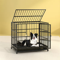 Dog Cage Crate Large Puppy Cat Anti-Bite Pet Kennel Wheels w/Tray Metal