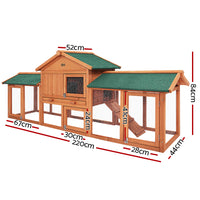 Chicken Coop Rabbit Hutch 220cm x 44cm x 84cm Large Chicken Coop Run Wooden Outdoor Cage House