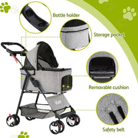 i.Pet Pet Stroller Dog Pram Cat Carrier Travel Large Pushchair Foldable 4 Wheels Grey