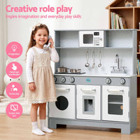 Keezi Wooden Play Kitchen Pretend Kitchen 82cm Kids Toy Food Set Grey