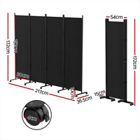 4 Panel Room Divider Screen 217cm Wheel Fabric Black