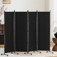 4 Panel Room Divider Screen 217cm Wheel Fabric Black