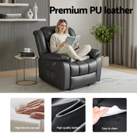 Artiss Manual Massage Recliner Chair for Living Room, Leather Sofa Lounge Reclining Chair with 2 USB Port, 160° Recline Reading Chair with 20CM Wide Armrests, 8 Point Vibration & Lumbar Heat, Black