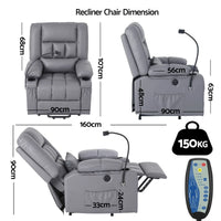 Artiss Power Lift Recliner Chair with Massage and Heat for Elderly, Electric Sofa Reclining Chair with USB and Phone Holder, PU Leather Comfy Armchair for Living Room, 2 Cup Holder & 4 Pockets, Grey