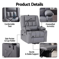 Artiss Power Lift Recliner Chair with Massage and Heat for Elderly, Electric Sofa Reclining Chair with USB and Phone Holder, PU Leather Comfy Armchair for Living Room, 2 Cup Holder & 4 Pockets, Grey