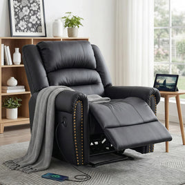 Artiss Leather Manual Recliner Chair with USB Charge Port, Overstuffed Armchair Sofa for Living Room and Nursery, Asjustable Theater Reclining Lounge with Comfortable Wide Seat, 150kg Capacity, Black