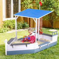 Kids Sandpit Wooden Box Boat Canopy Flag Outdoor Toys Children Blue