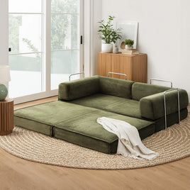 Artiss Convertible Folding Sofa Bed Pull Out Mattress Sleeper Couch Corduroy Green