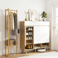 Artiss Shoe Rack Cabinet Wooden & Bamboo Clothes Rack Set Storage Shelf White Pine