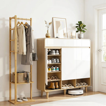 Artiss Shoe Rack Cabinet Wooden & Bamboo Clothes Rack Set Storage Shelf White Pine