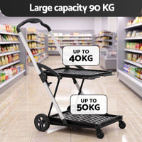 Artiss Shopping Trolley with Wheels 2 Layer w/2 Crates Foldable Trolley Black
