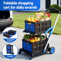 Artiss Shopping Trolley with Wheels 2 Layer w/2 Crates Foldable Trolley Blue