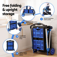 Artiss Shopping Trolley with Wheels 2 Layer w/2 Crates Foldable Trolley Blue