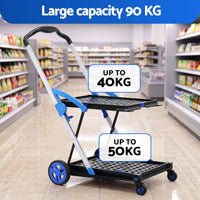 Artiss Shopping Trolley with Wheels 2 Layer w/2 Crates Foldable Trolley Blue