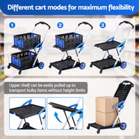 Artiss Shopping Trolley with Wheels 2 Layer w/2 Crates Foldable Trolley Blue
