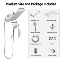 Cefito High-Pressure Rain Shower Head with Handheld, Gear-Lock Anti-Sag Arm for Family Spa, 12" Stainless Steel Rainfall & 9-Setting Wand Combo, 3-Way Diverter, Drill-Free Adhesive Bracket