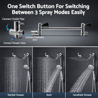 Cefito High-Pressure Rain Shower Head with Handheld, Gear-Lock Anti-Sag Arm for Family Spa, 12" Stainless Steel Rainfall & 9-Setting Wand Combo, 3-Way Diverter, Drill-Free Adhesive Bracket