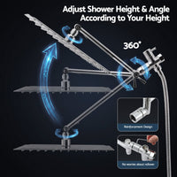 Cefito High-Pressure Rain Shower Head with Handheld, Gear-Lock Anti-Sag Arm for Family Spa, 12" Stainless Steel Rainfall & 9-Setting Wand Combo, 3-Way Diverter, Drill-Free Adhesive Bracket