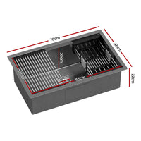Cefito Stainless Steel Sink 70x45CM With Pull Out Mixer Tap Kitchen Basin Single Bowl Black