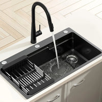 Cefito Stainless Steel Sink 75x45CM With Pull Out Mixer Tap Kitchen Basin Single Bowl Black