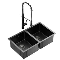 Cefito Stainless Steel Sink 77x45CM With Pull Out Mixer Tap Kitchen Double Bowl Black