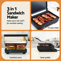 Devanti 3 in 1 Sandwich Maker Steak Press Grill 1000W