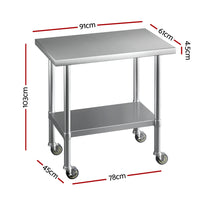 Cefito Stainless Steel Kitchen Benches Work Bench Wheels 91X61CM 430