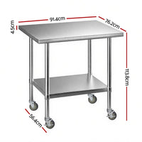 Cefito 914x762mm Stainless Steel Kitchen Bench w/ Splashback Work Table Prep Bench Commercial 430