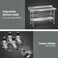 Cefito Stainless Steel Kitchen Bench w/ Splashback 1500x600MM 430