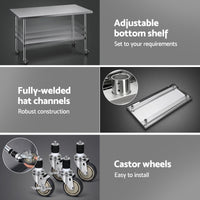 Cefito 1524x762mm Stainless Steel Kitchen Bench w/ Splashback Work Table Prep Bench Commercial 430