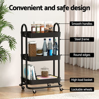 Storage Trolley Kitchen Cart 3 Tiers Rack Shelf Organiser Wheels Black