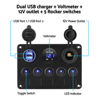 5 Gang 12V Switch Panel For Car Boat Marine USB ON-OFF LED Rocker Toggle