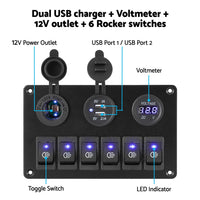 6 Gang 12V Switch Panel For Car Boat Marine USB ON-OFF LED Rocker Toggle