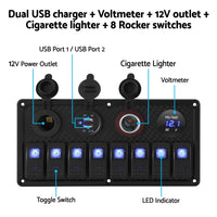 8 Gang 12V Switch Panel For Car Boat Marine USB ON-OFF LED Rocker Toggle