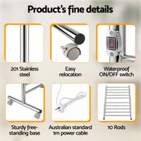 Devanti 10-Bar Freestanding Heated Towel Rail 3-5 Mins Fast Heating Electric Towel Warmer for Bathroom Winter Drying Stainless Steel Plug In 100W