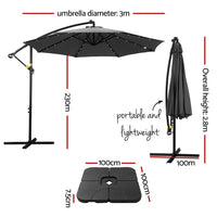 Outdoor Umbrella 3M Cantilever Beach LED Base Garden Sun Patio Charcoal