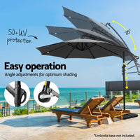 Outdoor Umbrella 3M Cantilever Beach LED Base Garden Sun Patio Charcoal