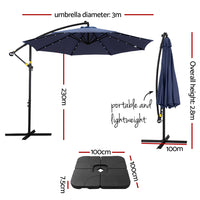 Outdoor Umbrella 3M Cantilever Beach LED w/Base Garden Shade Patio Navy