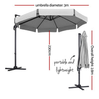 3m Outdoor Umbrella Cantilever 360 Degree Tilt Beach Roma Grey