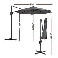 Instahut Outdoor Umbrella 3m Solar LED Offset Cantilever Patio Parasol Charcoal