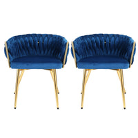 1 Set of 2 Dining Chairs Velvet Weaving Armchair Blue