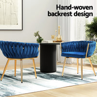 1 Set of 2 Dining Chairs Velvet Weaving Armchair Blue