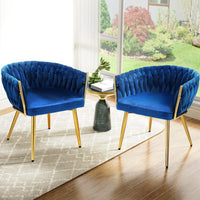 1 Set of 2 Dining Chairs Velvet Weaving Armchair Blue